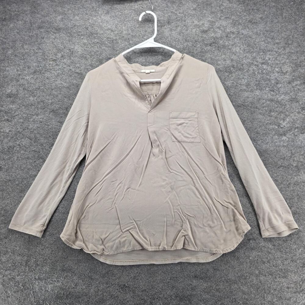 Pleione Shirt Womens XS Taupe Split Neck Long Sleeve Pocket Made in USA Rayon